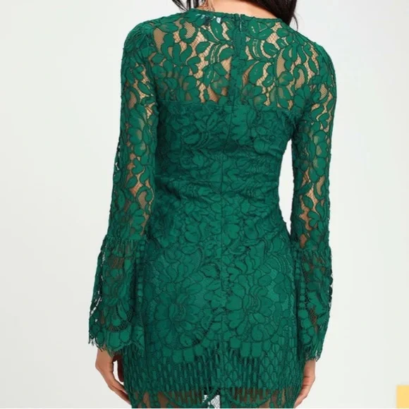 Lulus Enrapturing Elegance Green Lace Long Sleeve Midi Dress size small bridal​​